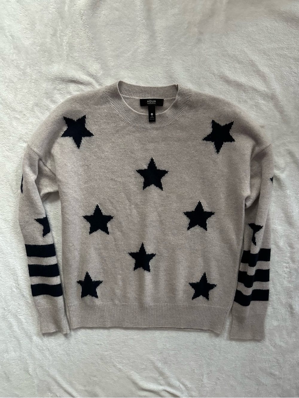 Aqua Cashmere Star Crewneck Sweater Size XS 100% Cashmere Pullover Stripes